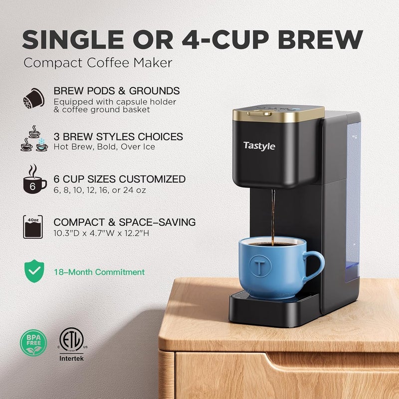 Tastyle Single Serve Coffee Maker, Iced and Hot Coffee Machine for K Cup & Grounds, Compact Design, 40oz Removable Water Reservoir, 6 to 24 Oz Brew Sizes, Fits 7.3" Travel Mug, Black+Gold - Image 2